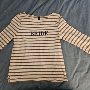 J.CREW "Bride"shirt. S. Grey/White striped. Black letters. 3/4 length sleeves